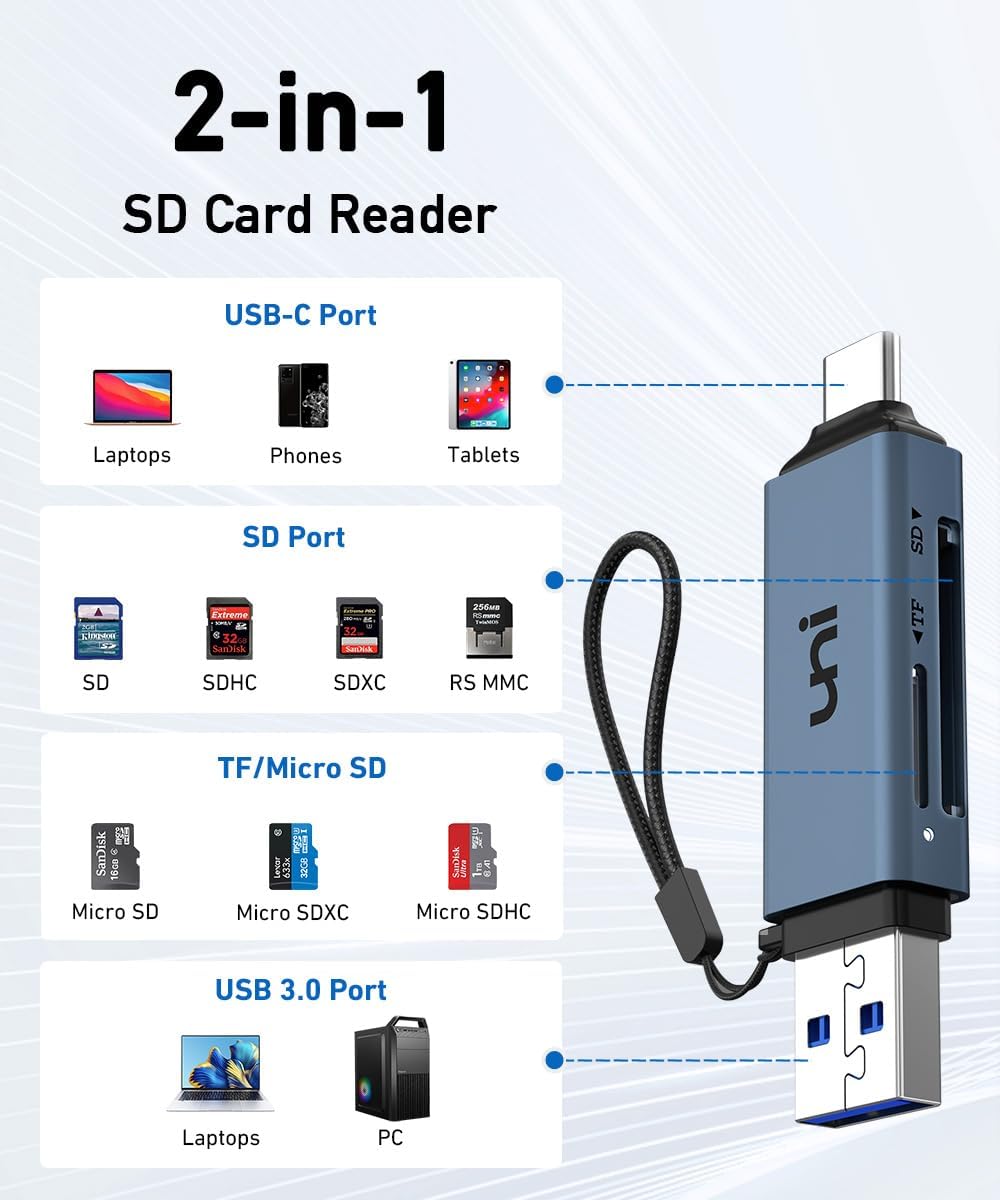 SD Card Reader, uni High-Speed USB C to Micro SD Card Adapter USB 3.0 Dual Slots, Memory Card Reader for SD/Micro SD/SDHC/SDXC/MMC, Compatible with MacBook Pro/Air, Chromebook, Android Galaxy