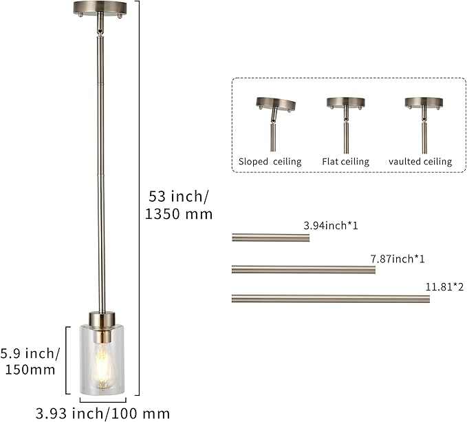 Kitchen Island Pendant Lighting Adjustable Hanging Ceiling Lamp Brushed Nickel Finish with Clear Glass Shade for Bar Dining Room Corridor Living Room Bedside 2Pack