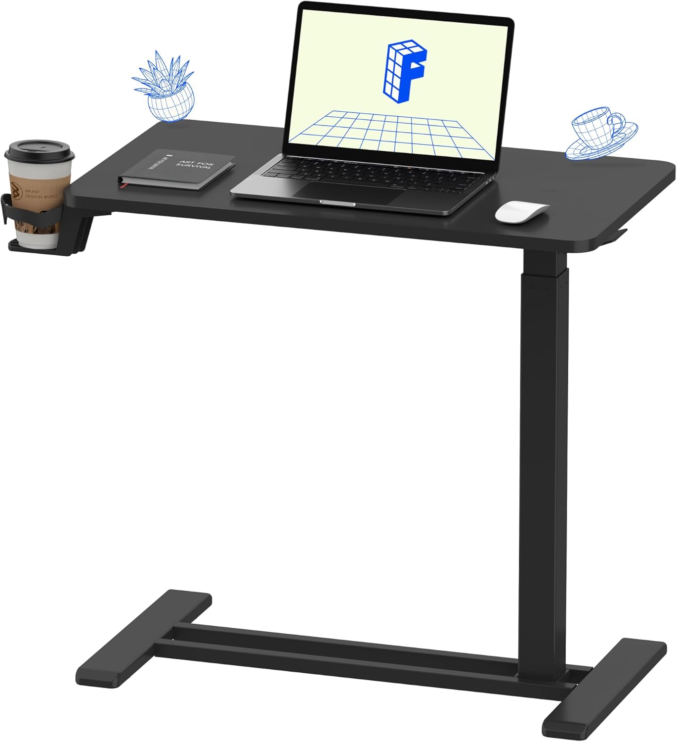 FLEXISPOT H7 Adjustable Overbed Bedside Table with Wheels Pneumatic Mobile Standing Desk Laptop Desk Rolling Computer Cart Movable Overbed Tables Hospital Home Use(27.6" W x 15.7" D, Black Table)
