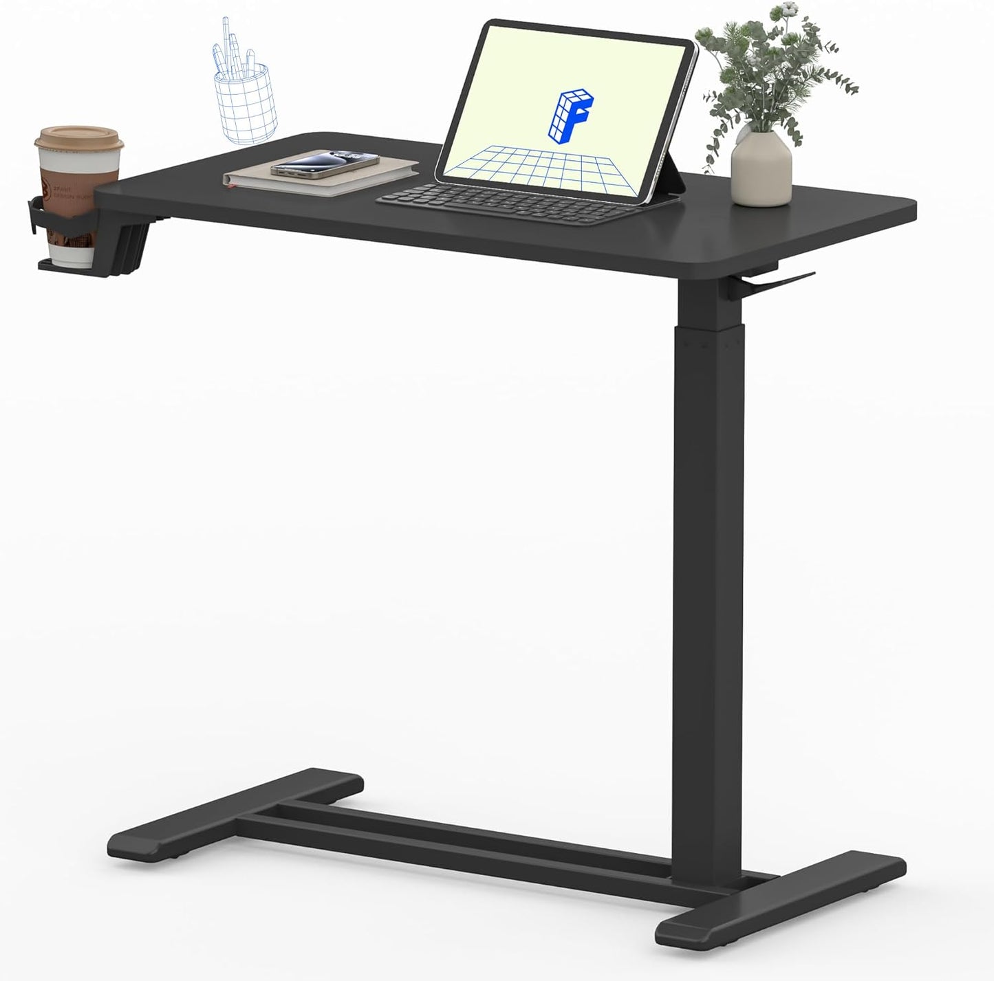 FLEXISPOT Mobile Standing Desk with Wheels Pneumatic Laptop Desk Rolling Computer Cart Movable Height Adjustable Small Sit Stand Desk Computer Workstations Home Use(27.6" W x 15.7" D, Black