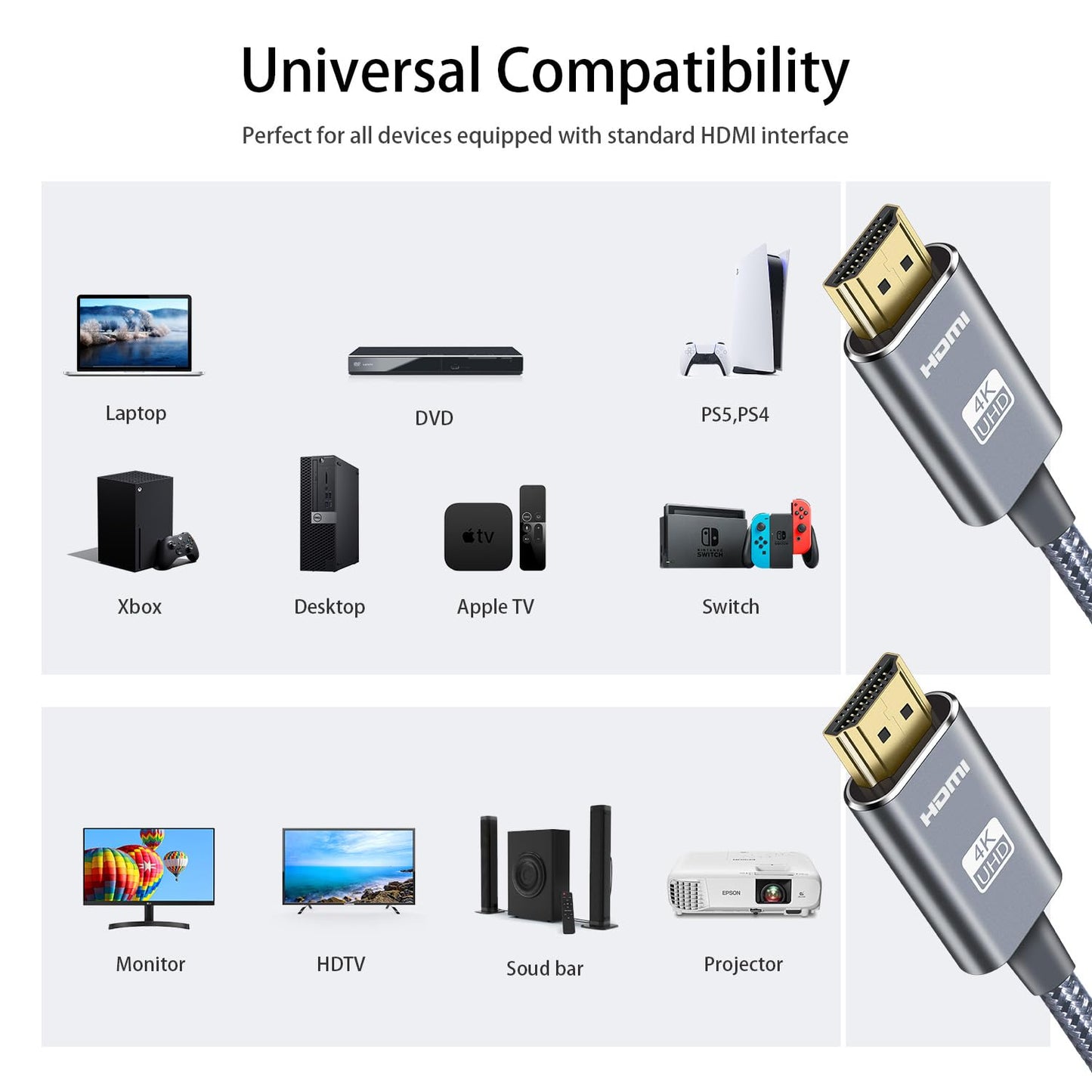 LEADSTAR HDMI Cable 4K 20 ft / 6m, High Speed HDMI 2.0 Cord Braided | 4K@60Hz, Ultra HD, 2160p, ARC, HDR, 3D, HDCP 2.2 | for Xbox, PS5, TV, Laptop, Monitor