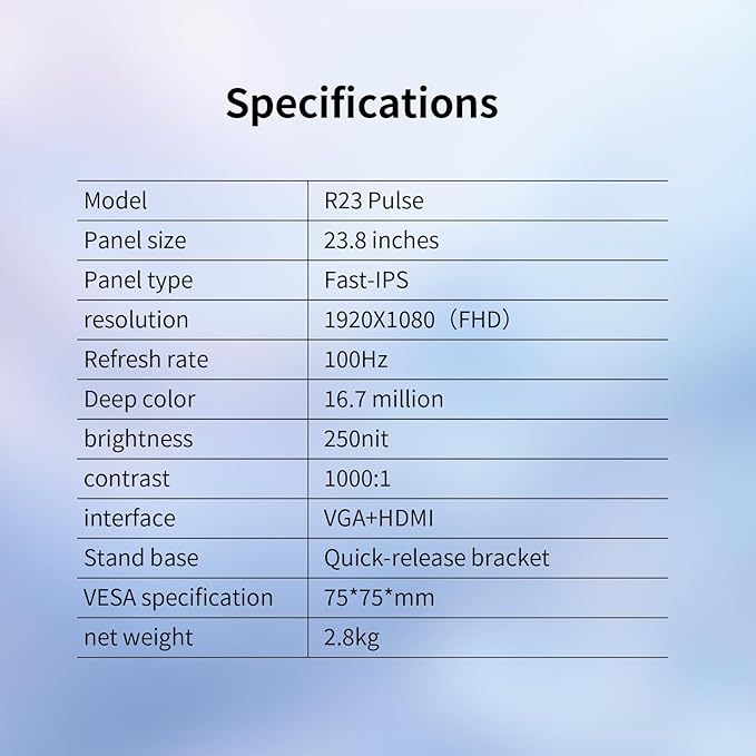23.8-inch Full HD(1920 x 1080) Gaming Office Monitor,100Hz Fast-IPS Panels Computer Monitor, VESA 75 * 75mm Compatible, 100% sRGB, HDMI & VGA Ports( R23 Pulse)