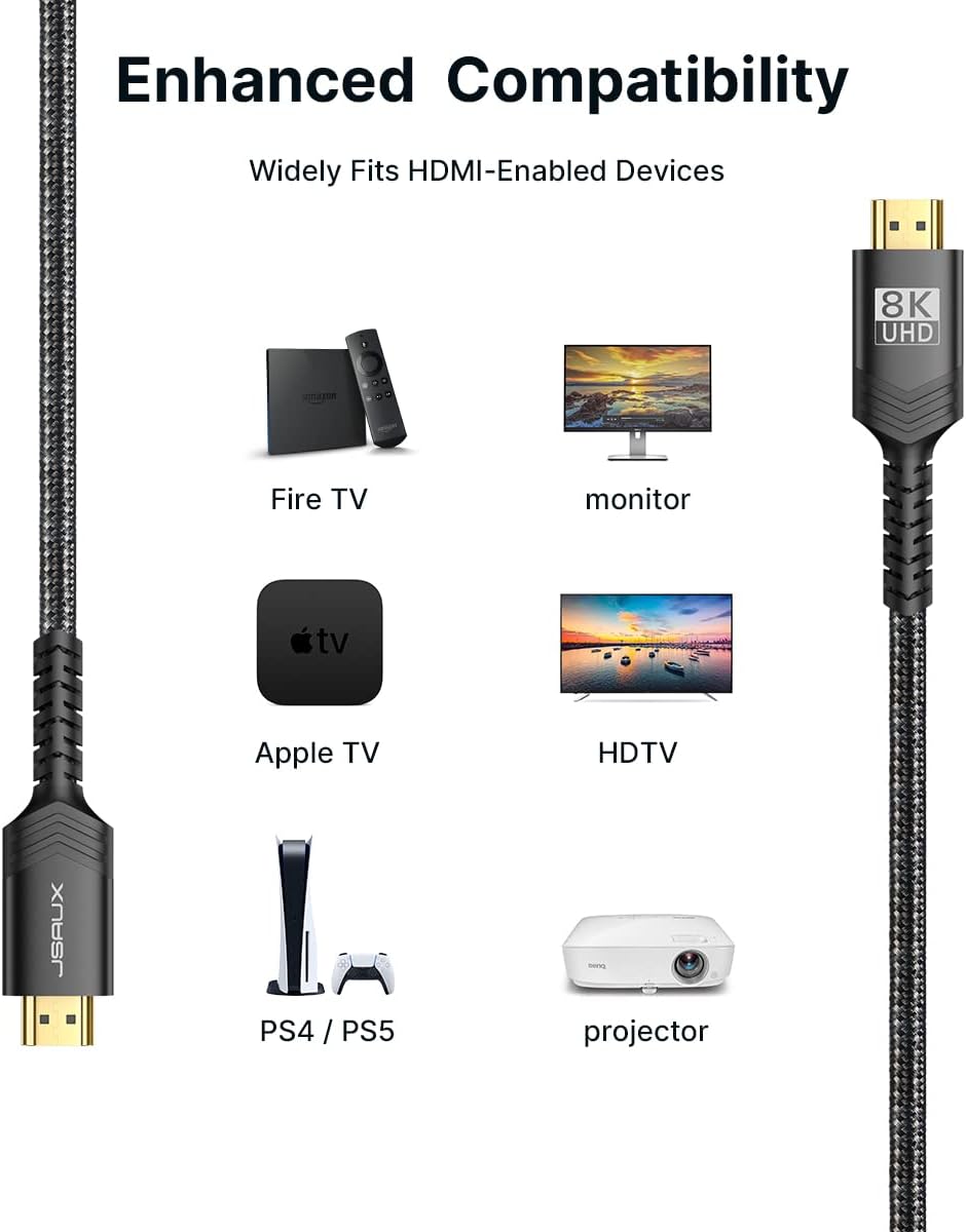 JSAUX HDMI Cables 2.1 2-Pack 6FT, 48Gbps 8K & 4K Ultra High Speed Braided HDMI Cable, 4K@120Hz 144Hz, 8K@60Hz, HDCP 2.2 & 2.3, HDR 10, eARC Compatible with Laptop Monitor UHD TV PS5 PS4 Dolby -Black