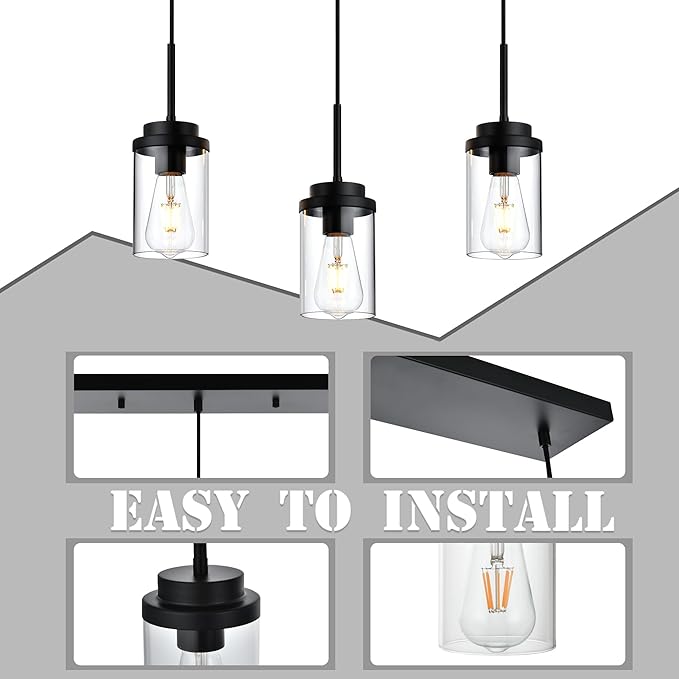 MELUCEE 3 Lights Linear Chandelier Black Finish Kitchen Pendant Lighting Over Island Dining Room Light Fixtures Ceiling Hanging Lamp with Clear Glass Shade, 20.5 Inches Length