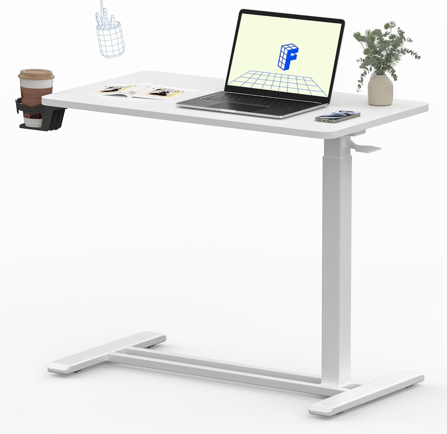 FLEXISPOT Mobile Standing Desk with Wheels Pneumatic Laptop Desk Rolling Computer Cart Movable Height Adjustable Small Sit Stand Desk Computer Workstations Home Use(31.5" W x 17.7" D,White