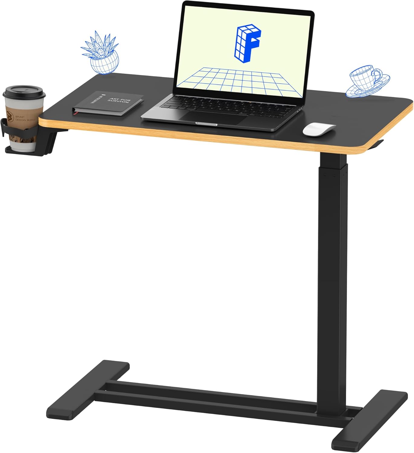 FLEXISPOT Mobile Standing Desk with Wheels Pneumatic Laptop Desk Rolling Computer Cart Movable Height Adjustable Small Sit Stand Desk Computer Workstations Home Use(27.6" W x 15.7" D, Black+Maple