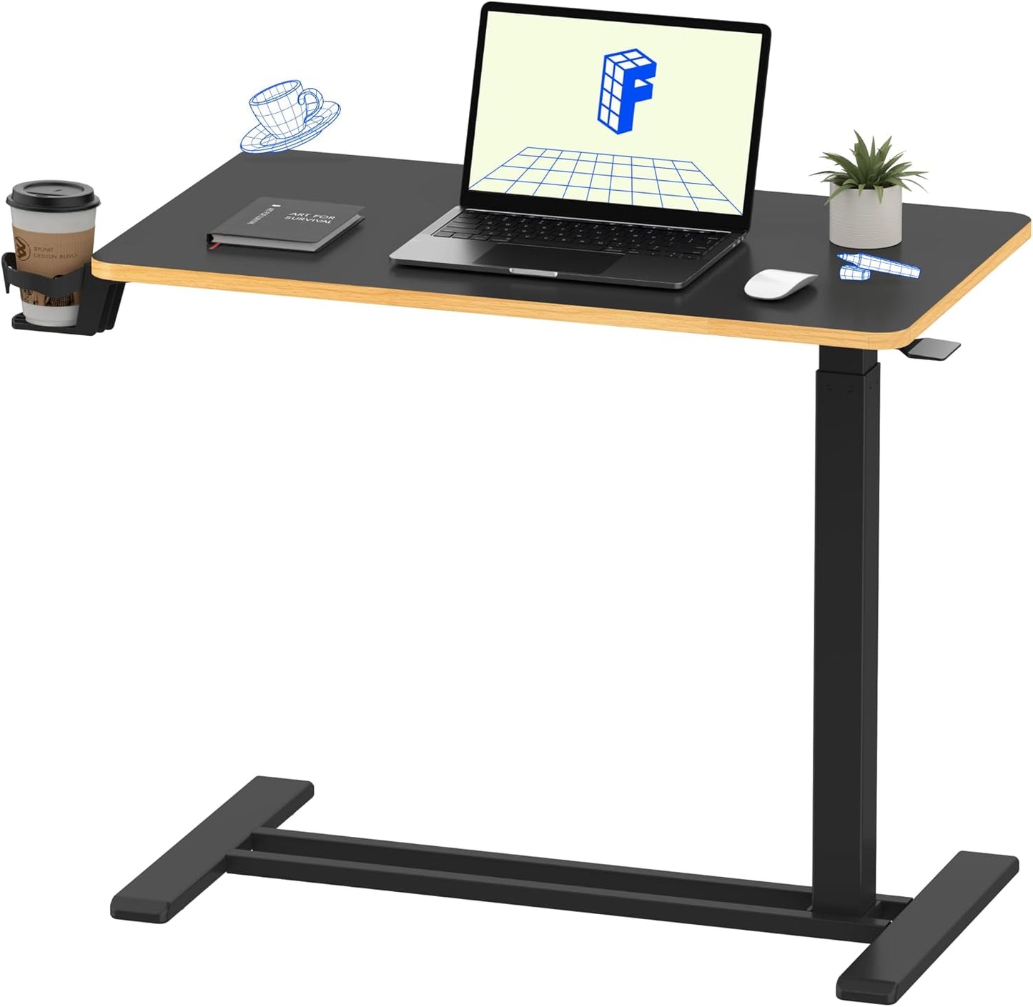 FLEXISPOT Mobile Standing Desk with Wheels Pneumatic Laptop Desk Rolling Computer Cart Movable Height Adjustable Small Sit Stand Desk Computer Workstations Home Use(31.5" W x 17.7" D, Black+Maple