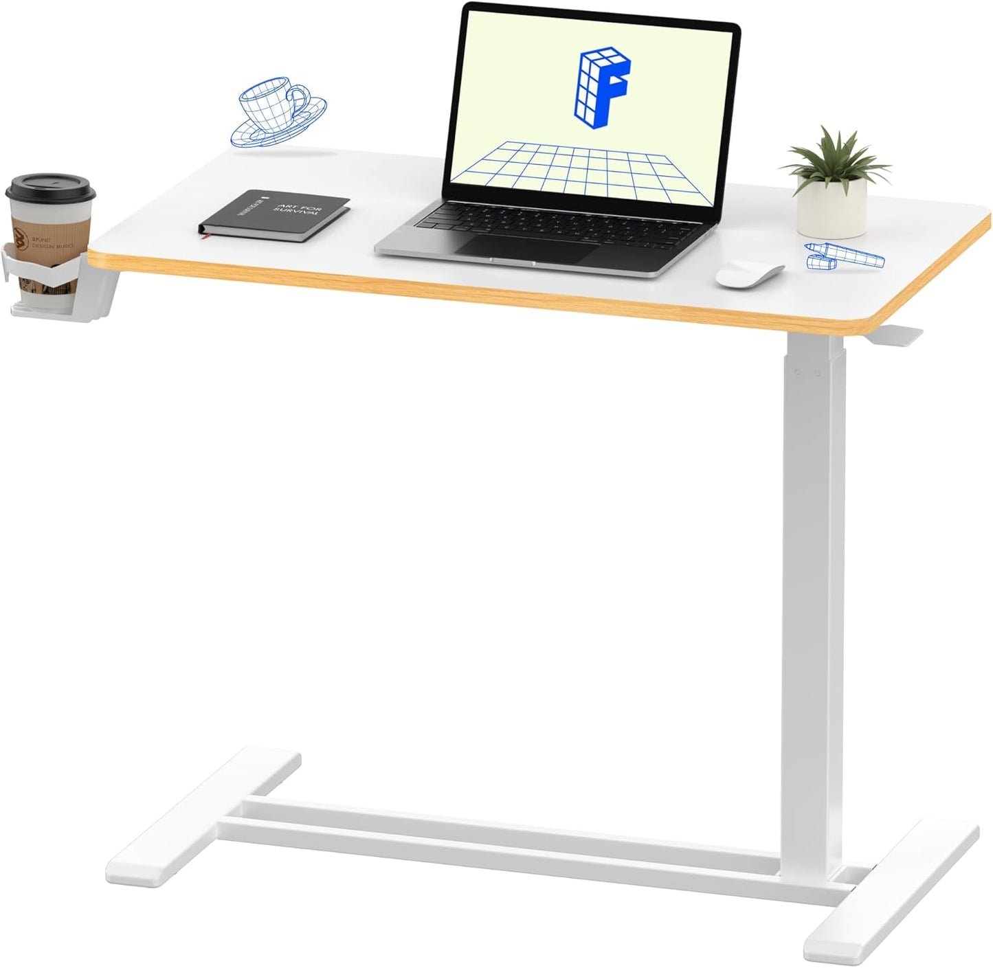 FLEXISPOT Mobile Standing Desk with Wheels Pneumatic Laptop Rolling Computer Cart Movable Height Adjustable Small Sit Stand Desk Computer Workstations Home Use(31.5" W x 17.7" D,White+Maple