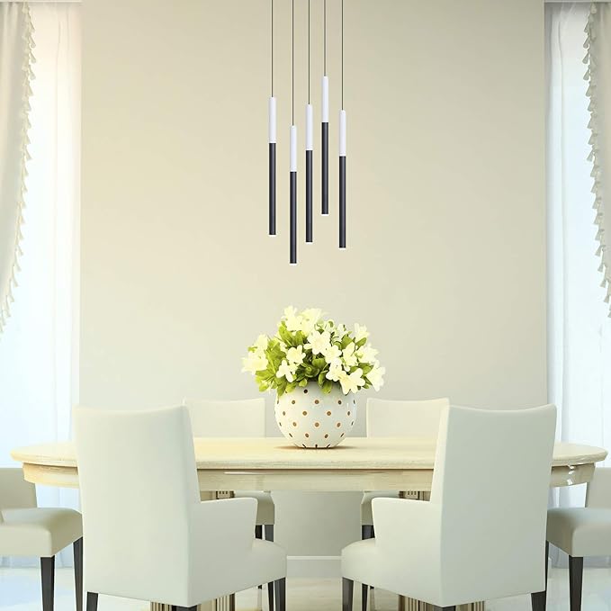ALTAIR 5 Mini Pendant Lighting White-Black - LED Hanging Light Fixture for Kitchen Island, Bar, Foyer - Cluster Pendants - Dimmable, Adjustable Wire, Lamp Bulb Included
