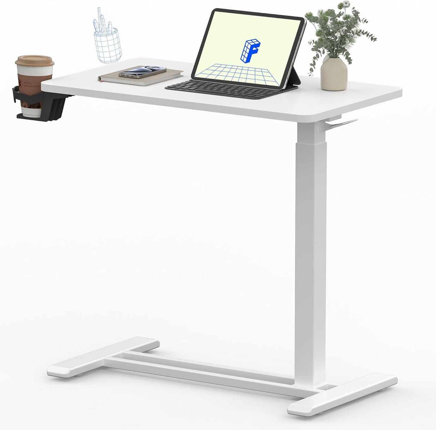 FLEXISPOT Mobile Standing Desk with Wheels Pneumatic Laptop Desk Rolling Computer Cart Movable Height Adjustable Small Sit Stand Desk Computer Workstations Home Use(27.6" W x 15.7" D,White