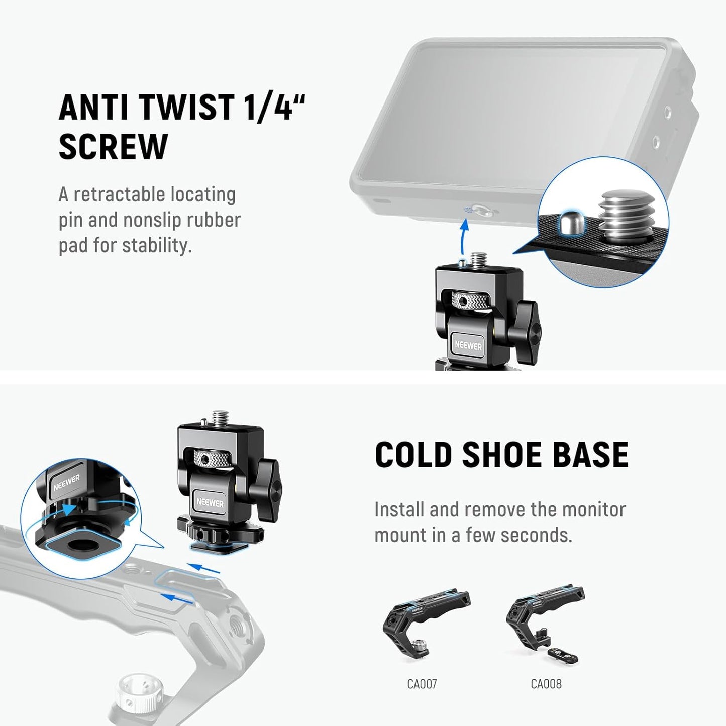 NEEWER Camera Monitor Mount with Cold Shoe, Anti Twist 1/4" Screw for 5" & 7" Field Monitor Compatible with Atomos Ninja V, 360° Swivel & Adjustable 180° Tilt Damping, Compatible with SmallRig, MA006