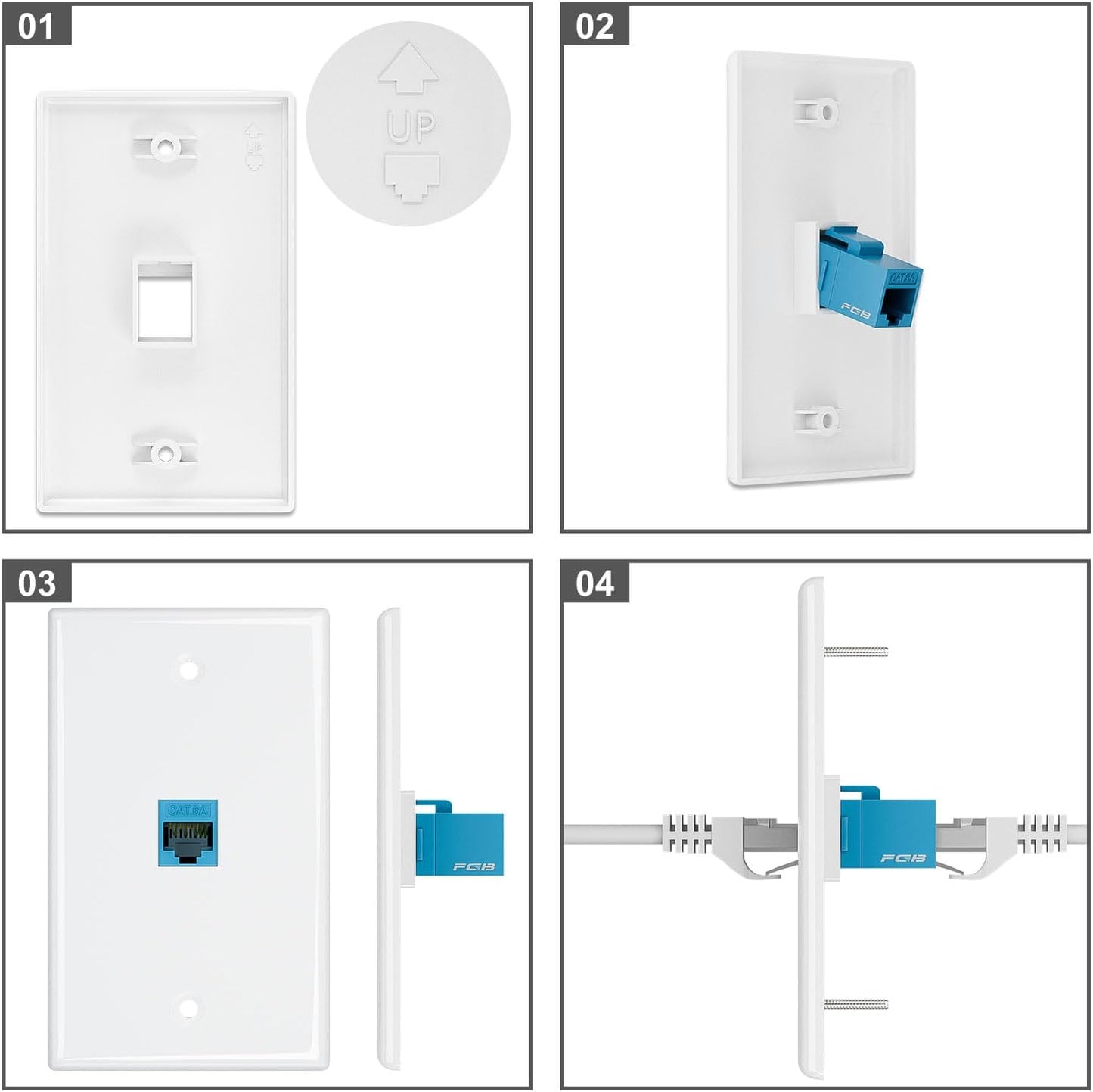 FGB 4-Port Keystone Wall Plate 20-Pack, Low-Profile Single Gang Wall Plates for RJ45, HDMI, and Coax Keystone Inserts, White