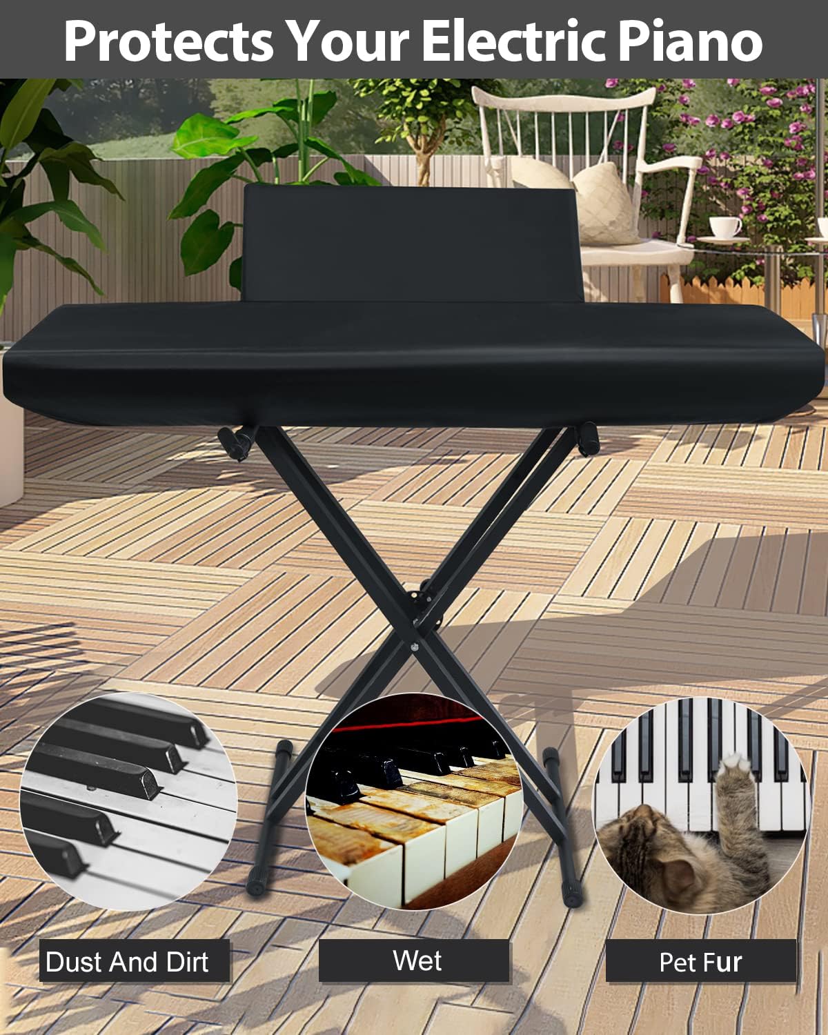 Elastic Lock Music Keyboard Dust Protector Cover - Water Proof, Stretchy, Full for Digital Pianos, Full Cover Elastic Lock Music Protector Case (88 Keys, Black)