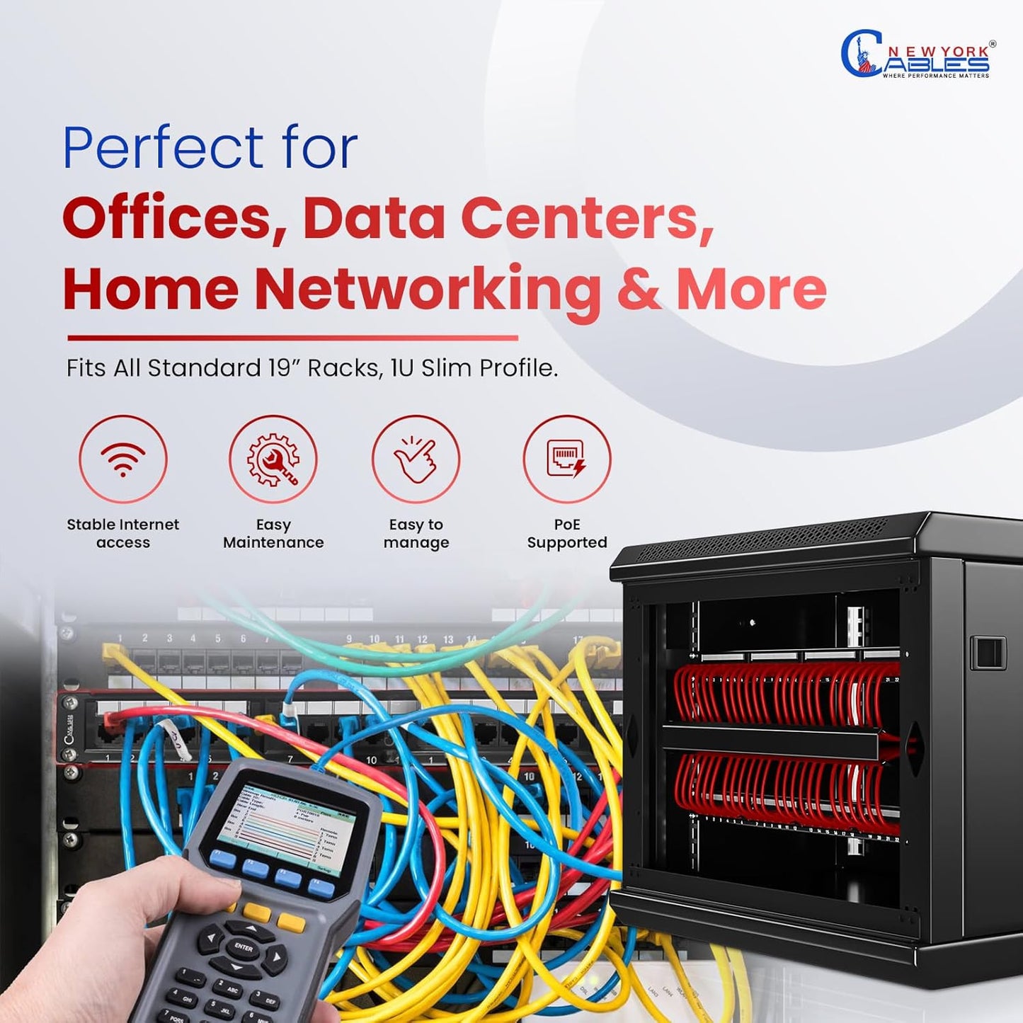 NewYork Cables 24 Port Cat6 Patch Panel β 10Gb Ethernet, 1U Rackmount 19-Inch, T568A/B Color-Coded Labels, Unshielded, 110/Krone Compatible, Black