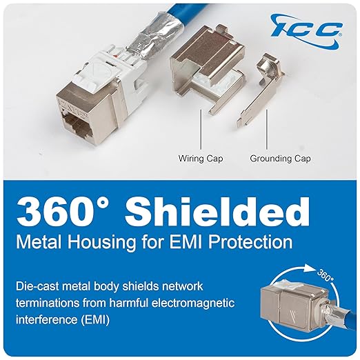 ICC Shielded FTP CAT6A Keystone Jack with Slim Profile 180 Degree Punch Down, 10Gbps RJ45 UL Listed PoE++ TAA Compliant for Wall Plate or Patch Panel, Works with JackEasy Termination Tool, 10 Pack