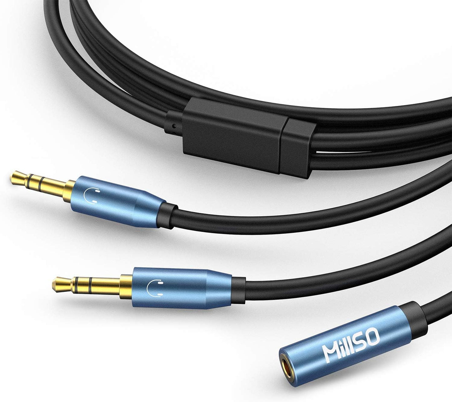 MillSO Audio Splitter, Female to 2 Male 3.5mm TRS Audio Splitter, 8 Feet SapphireBlue&Gold-Plated Stereo Jack Headphones Adapter Cable for Smartphone, Computer, Mp3, Earphone, Speakers