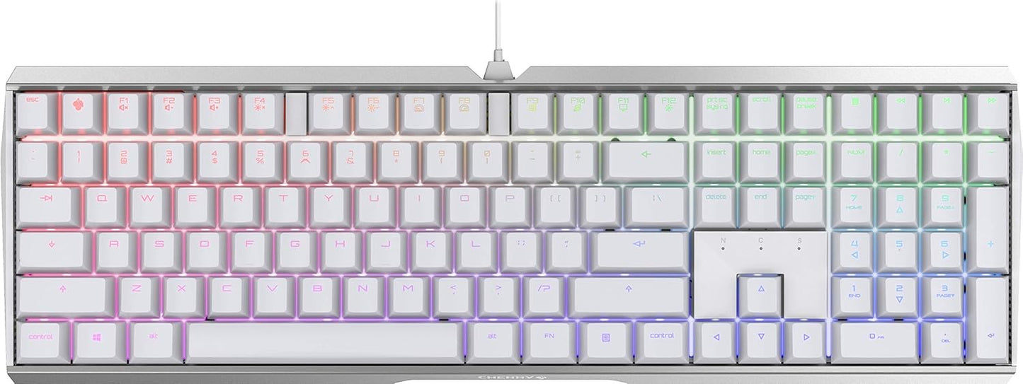 Cherry MX 3.0 S Wired Mechanical Gaming Keyboard. Aluminum Housing Built for Gamers w/MX Blue Switches. RGB Backlit Color Display Over 16m Colors. from The Makers of MX. Full Size. Pure White.