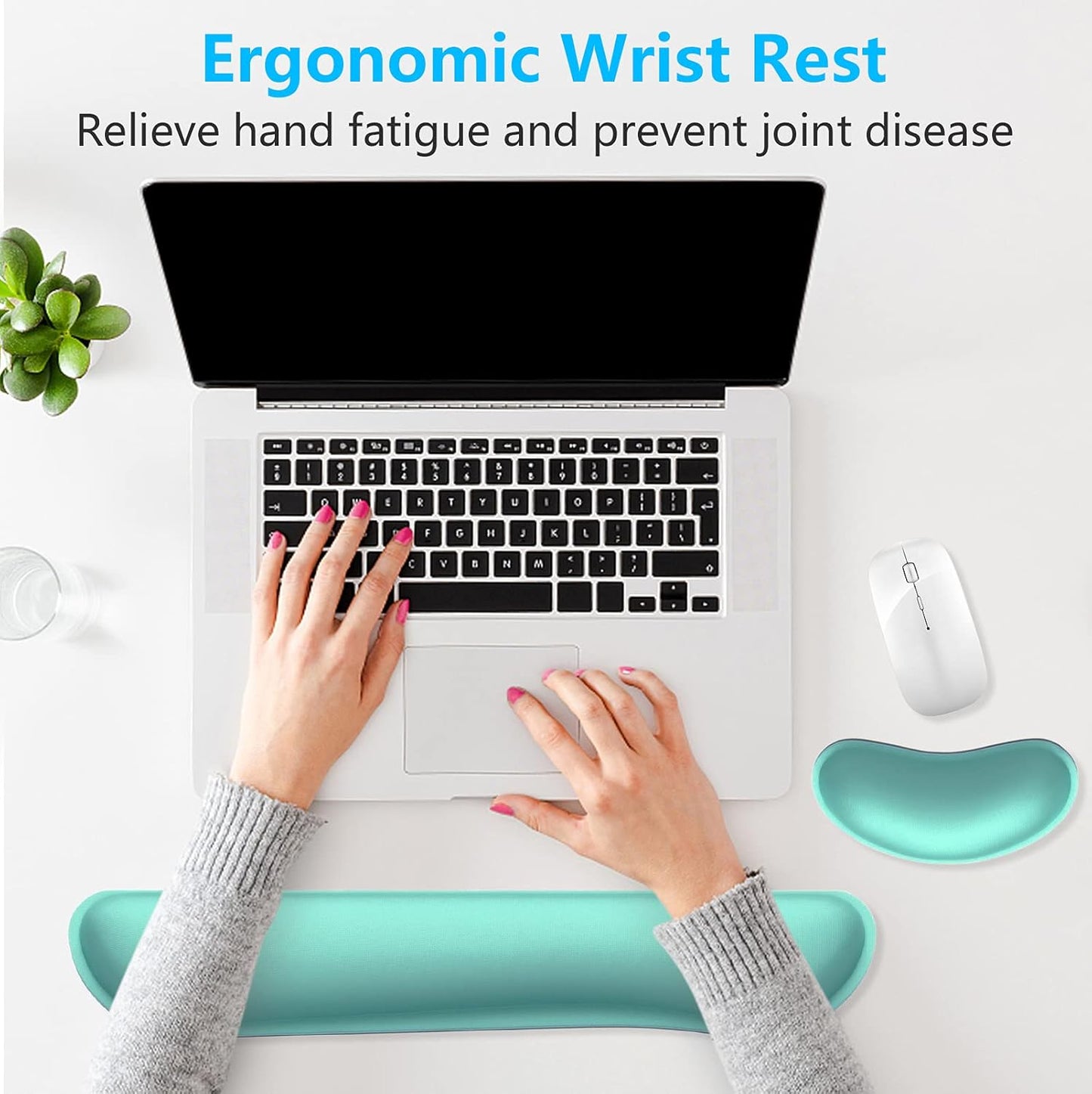 Dapesuom Enlarge Keyboard Wrist Rest, Memory Foam Wrist Cushion for Desk Mats Support, Cute Typing Pain Relief Keyboard Mouse Pad Rests Set with Non-Slip Base for Gaming Laptop Office Computer, Green