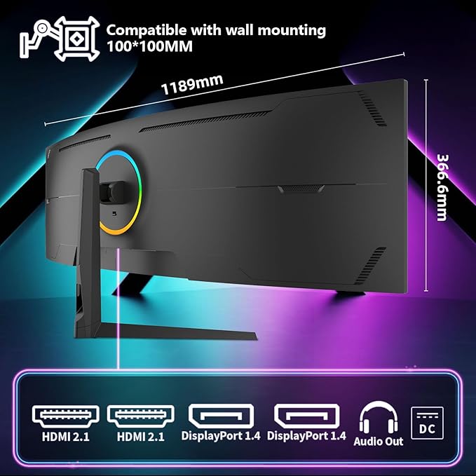 49 Inch Curved Ultrawide Gaming Monitor, 5K Computer Monitor(5210x1440P), 165Hz, 1500R HDR10, 32:9, AMD FreeSync, 125% sRGB, Built-in Speakers, HDMI/DP VESA100*100mm