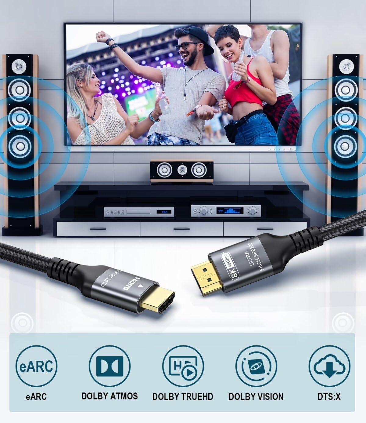 Certified 10K 8K HDMI 2.1 Cable 16.4 FT, 48Gbps Ultra High Speed HDMI Cable with Ethernet 4K 240Hz 165Hz 144Hz 120Hz 8K60Hz eARC HDCP2.3 HDR10+ PC Laptop TV Monitor Projector