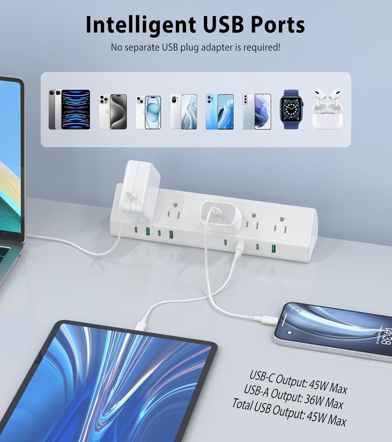 Jgstkcity Desk Clamp Power Strip,45W Fast Charging Station,4 USB-C,4 USB-A,Desk Mount Surge Protector,1875W Extension Cord with Multiple Outlets,ETL Listed,for Home Office Dorm Room,White,6 FT