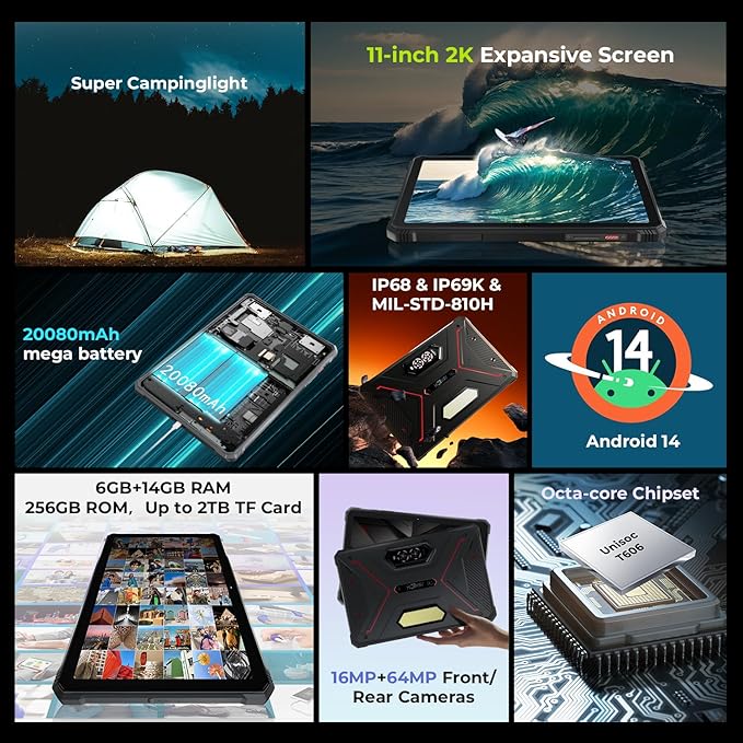 HOTWAV R9 Pro 2025 Rugged Tablet Android 14-2K 11 Inch 20080mAh Waterproof Tablet, 20GB+256GB/2TB SD Outdoor Tablets, 64MP+16MP Camera IP68&IP69K/Dual SIM 4G/WiFi 5/Face ID, GPS/OTG/Camping Lantern