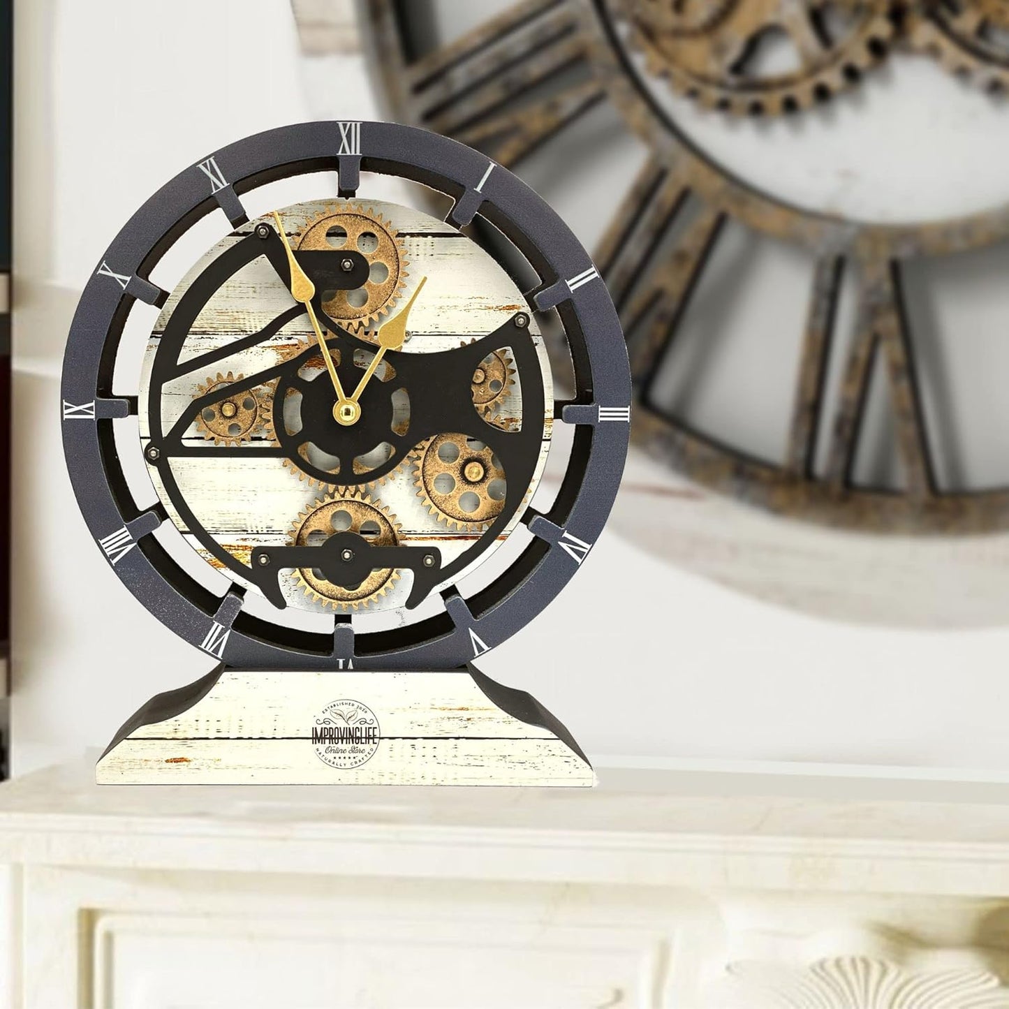 ImprovingLife The Gears Clock Desk Clock 10 inches with Real Moving Gears Convertible into Wall Clock (Desert Beige)