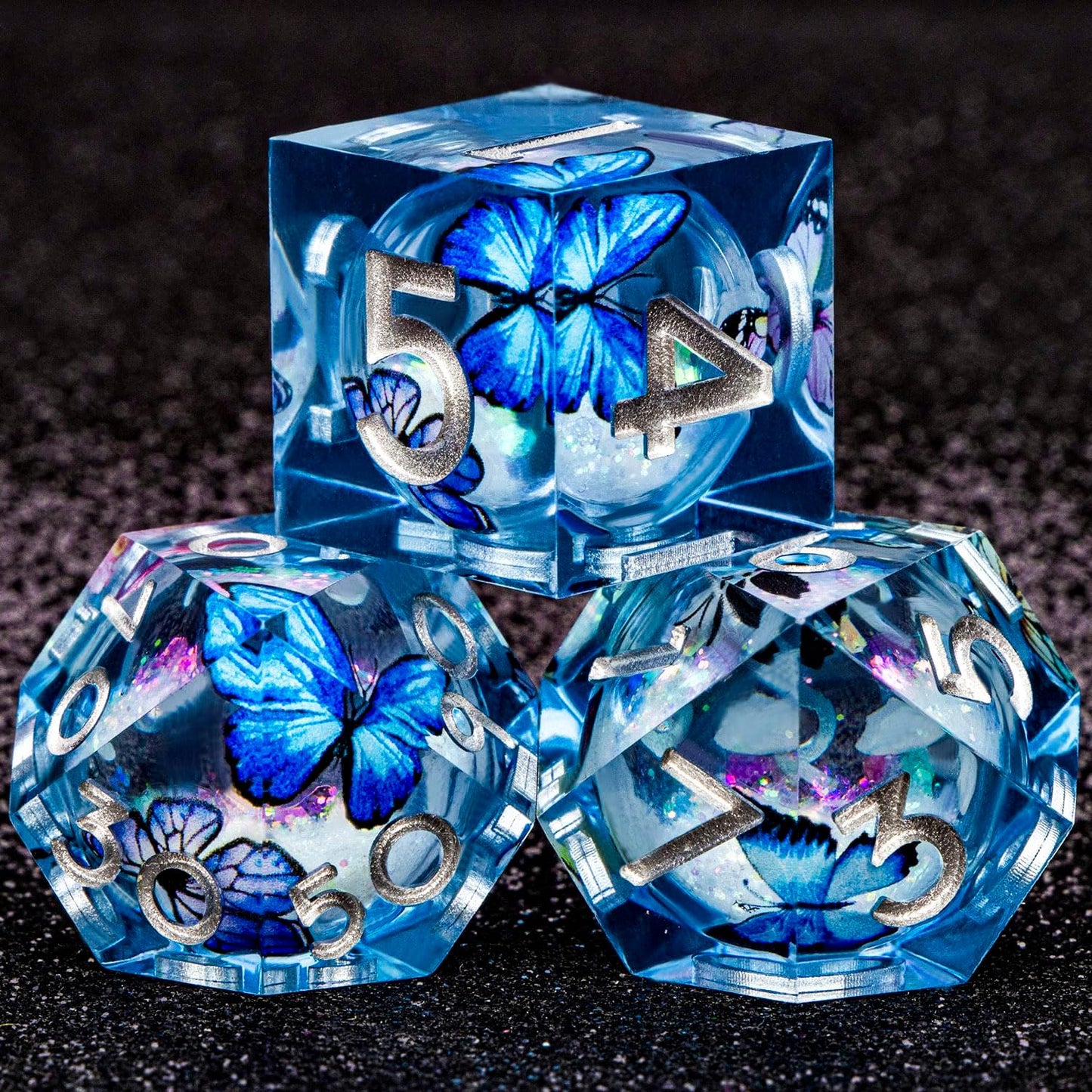 Butterfly DND Dice Colorful Blue Liquid Core Dice Set with Metal Box, Handmade Sharp Edge D and D Polyhedral Dice for use with D&D Role Playing Game, D20 D12 D10 D8 D6 