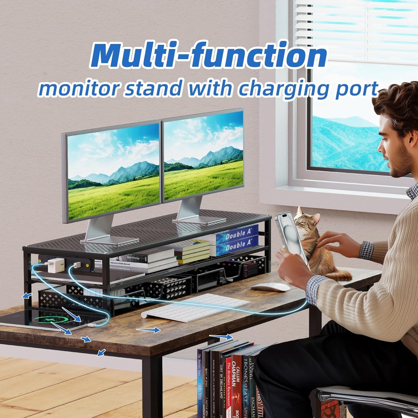Simple Trending 2 Tier Metal Monitor Stand Riser with USB 2.0 and Charging Prot , Computer Office Desktop Organizer for 2 Monitors With Two Drawer Storage and Reusable Cable Ties,for Printer, TV, Black