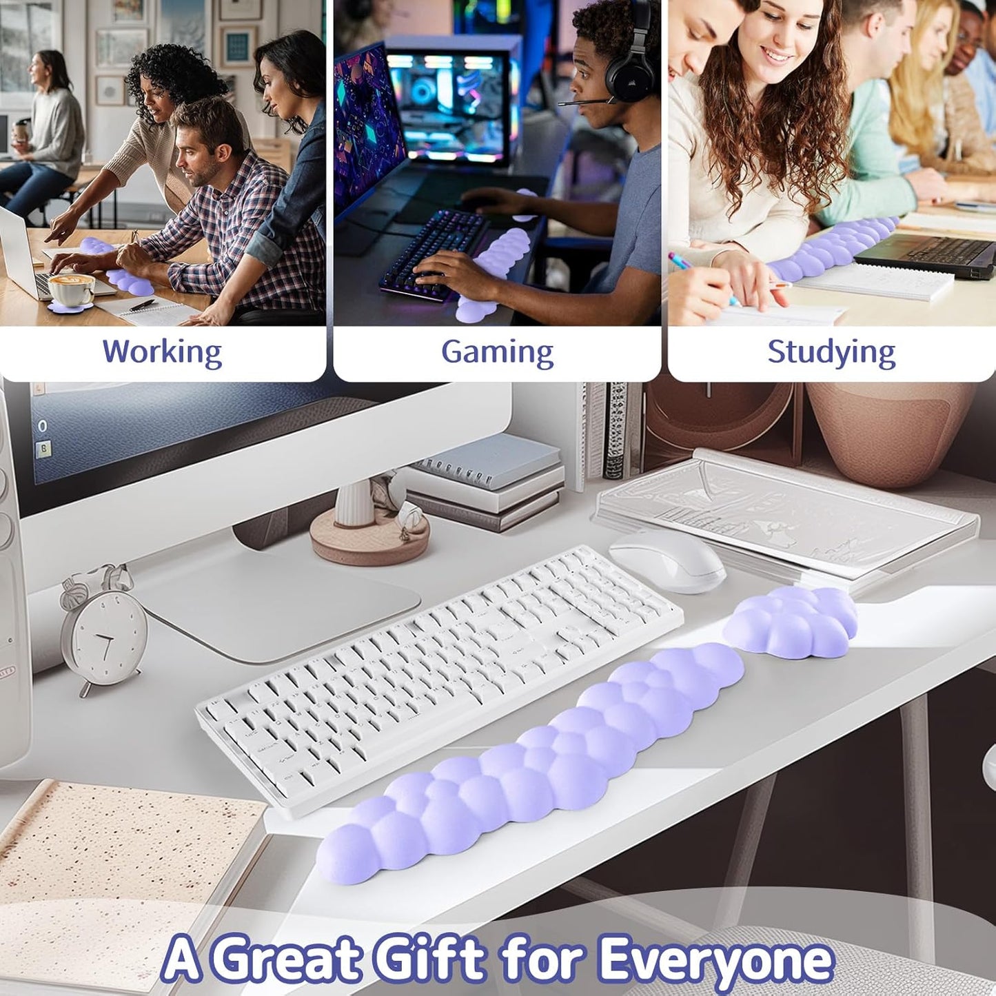 Cloud Wrist Rest for Keyboard and Mouse, Memory Foam PU Leather Keyboard Wrist Rest with Ergonomic Support, Non-Slip Base, Cute Arm Rest Pad & Palm Cushion, Office Desk Accessory, Purple