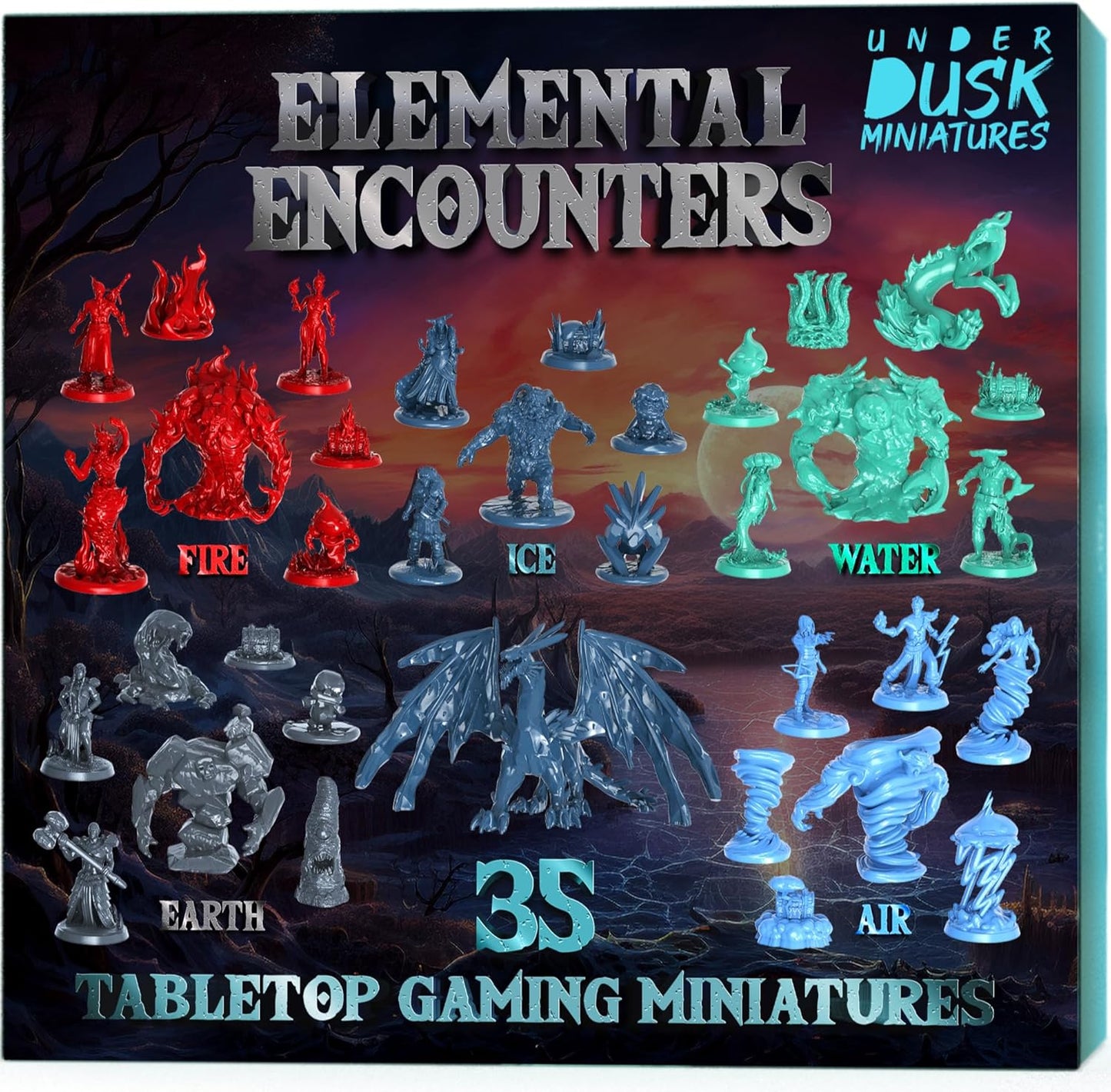 Underdusk: Elemental Encounters - 35 Unpainted Tabletop Miniatures for D&D, Pathfinder & RPGs | Includes Fire, Ice, Water, Air, and Earth Elements with Stat Blocks