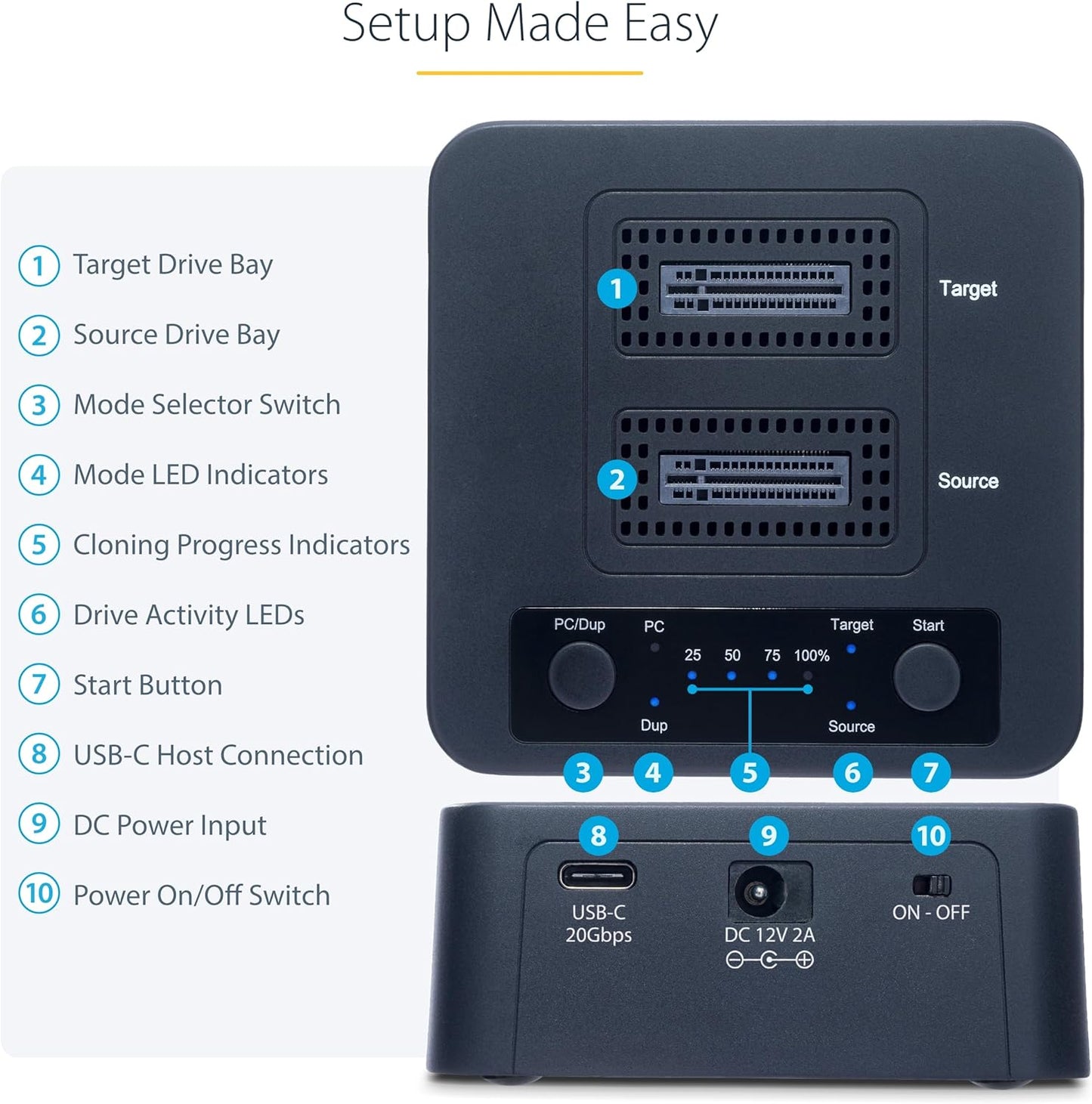 StarTech.com 1:1 M.2 NVMe Drive Duplicator, 90GBpm Standalone M.2 SSD Cloner/Copier, USB-C 3.2 20Gbps M.2 Dual-Bay Drive Dock