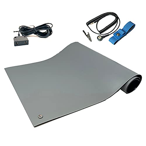 RubberStat Dual Layer ESD Compliant Workstation Rubber Table Mat Kit, Soldering, Cell Phone Repair, with Wrist Strap Set and Ground Cord - 48"x60" Grey