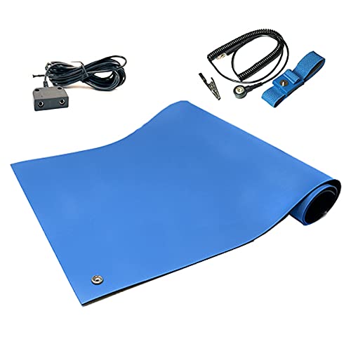 RubberStat Dual Layer ESD Compliant Workstation Rubber Table Mat Kit, Soldering, Cell Phone Repair, with Wrist Strap Set and Ground Cord - 24"x60" Royal Blue