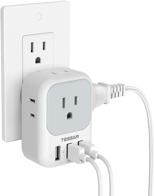 TESSAN USB Charger Block, Wall Plug Adapter with Electrical 4 Box Splitter 3 USB Wall Charger Ports, Multi Plug Outlet Extender Charging for Cruise, Travel, Office, Dorm Essentials
