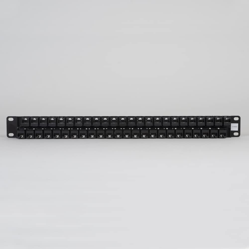 ICC CAT6 Feed-Through Patch Panel, 48 Port, 1U Rackmount, RJ45 Ethernet Patch Panel, No Punch Down, PoE++ and TAA Compliant, Black