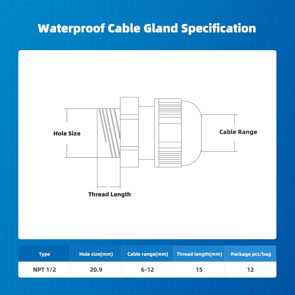 Cable Gland 12 Pack 1/2" NPT Waterproof Adjustable Connector Strain Relief Cord Connectors Joints Nylon with Gaskets…