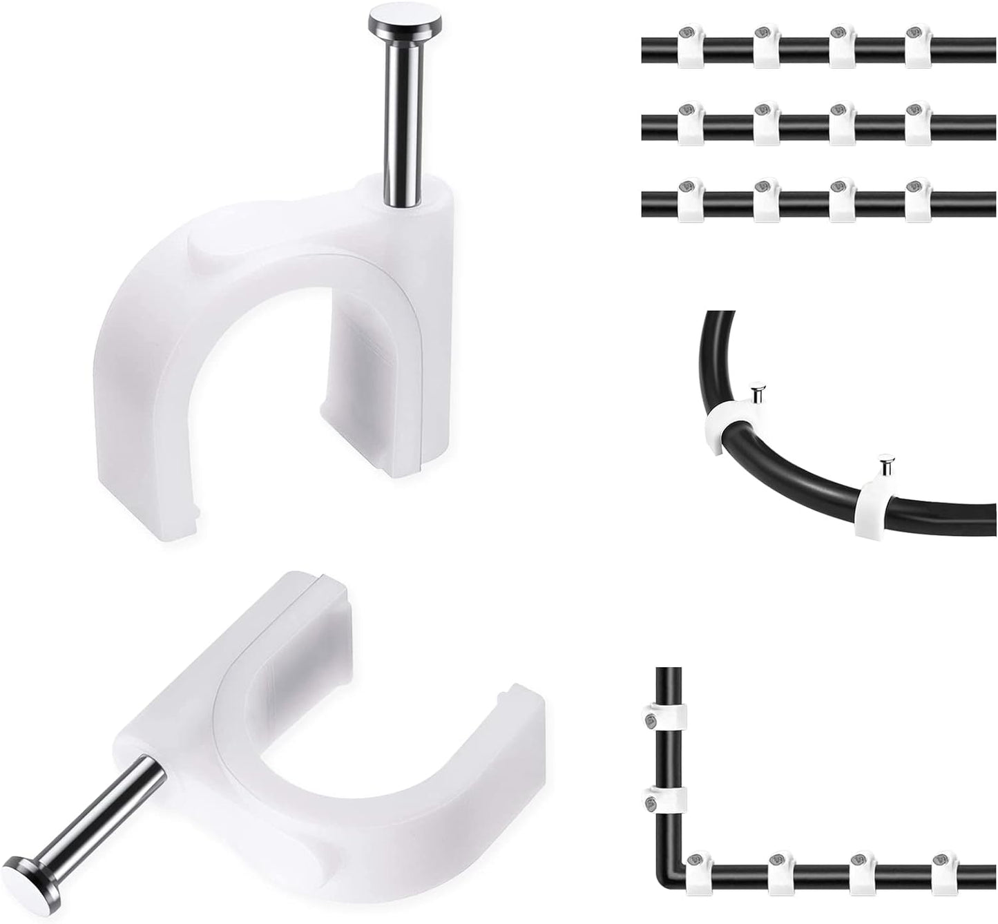 Cable Clips, 100 Pcs, 8mm, Wire Wall Clips with Steel Nails, Cable Management Organizer Clips, Cable Tacks Coax Holder Clips, RG6 RG59 CAT6 RJ45 Cable Cord Clips, White