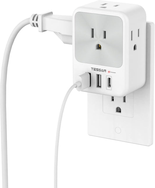 Surge Protector Wall Outlet Extender, TESSAN Multi Plug Outlet Splitter with 3 USB Charging Blocks(1 USB C), Multi Plug Wall Charger for Home, Office, School, College Dorm Essentials