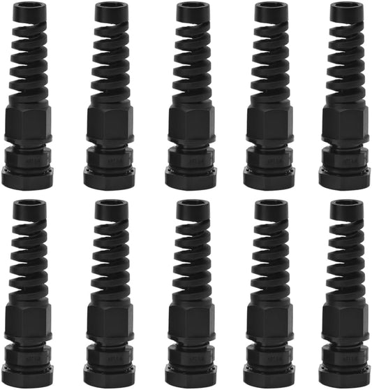Strain Relief Cord Connector, CGELE 10 Pack NPT 1/4" Waterproof Cable Gland Cord Grip Spiral Adjustable Connector Strain Relief Cord Connectors Joints Nylon with Gaskets
