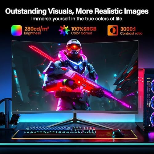 ZZA 27 Inch Curved Computer Monitor,200Hz|180Hz|144Hz Pc Monitors FHD 1080P 1800R VA Screen, Monitor 27 inch 100% sRGB, AMD FreeSync Eye Care Ultra-Thin Bezels HDMI & DP Port
