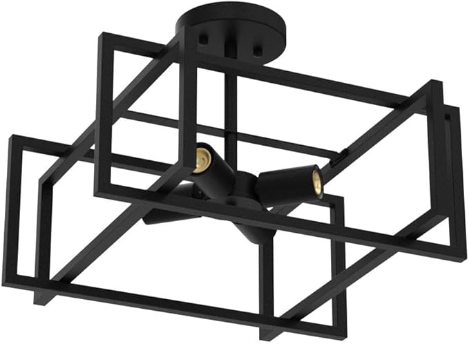 Metal Semi Flush Mount Ceiling Light Fixture, 4-Light Black Industrial Ceiling Lamp Rustic Vintage Farmhouse Lighting Chandelier Light for Kitchen Island Hallway Dining Room