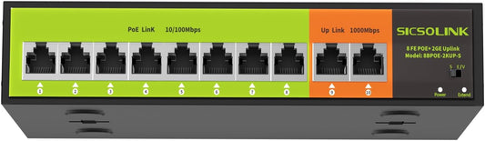 [Upgrade] POE Switch with 2 gigabit Uplink, 8 Ports 100Mbps PoE+ Switch, IEEE802.3af/at, 120W , Network Hub, Unmanaged, Suitable for IP Cameras, Home & Office. (8 Port poe Switch|gigabit uplink)