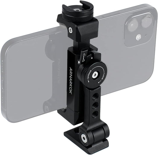 Metal Phone Tripod Mount w Rotatable Cold Shoe for Micphone Easy Use,Compatible with iPhone Tripod Adapter, Cell Phone Mount Holder,Hot Video Creater Vlogging Rig