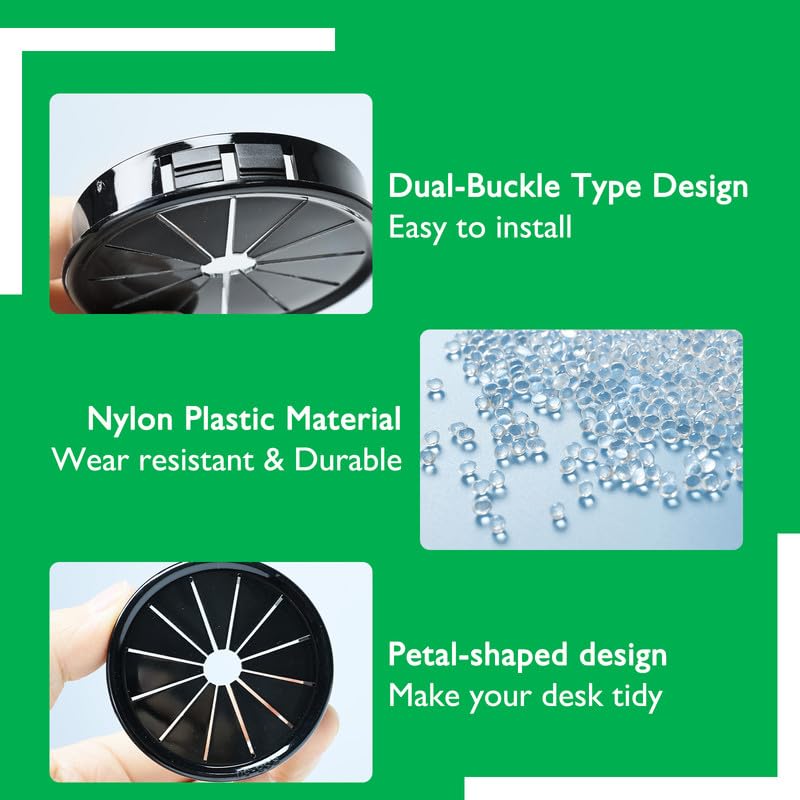 8PCS Cable Grommets, 2"(50mm) Desk Hole Cover Petal Shaped Buckle Type Nylon Snap Bushing Grommet, Wire Hole Cover Insert for Cables and Cords Management and Protection of Cabinet, Black