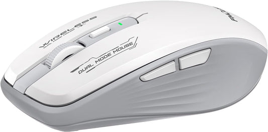 Wireless Mouse (Bluetooth & 2.4GHz USB) with Forward/Backward Side Keys, Silent Click, Ergonomic Portable AA Battery Mice for Laptop/Mac/iPad - Office & Travel Use, White & Grey