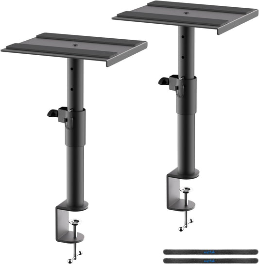 suptek Clamp-on Speaker Stand Desk Mount Set, Height Adjustment, Swivel, 9.6 x 8.8 inch Trays, Universal Audio Holders for Computer and Bookshelf Speakers, Elevated Sound, 2 Pack, Black, SDM001G