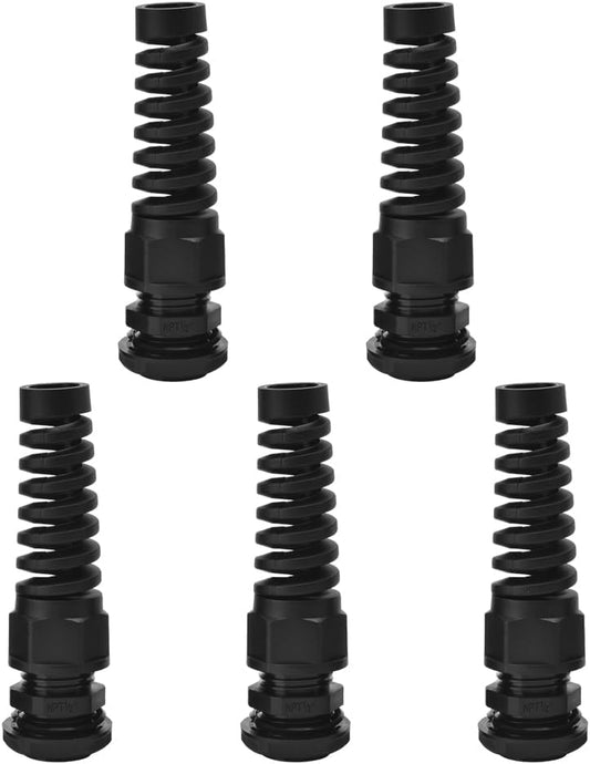 Strain Relief Cord Connector, CGELE 5 Pack NPT 1/2" Waterproof Cable Gland Cord Grip Spiral Adjustable Connector Strain Relief Cord Connectors Joints Nylon with Gaskets