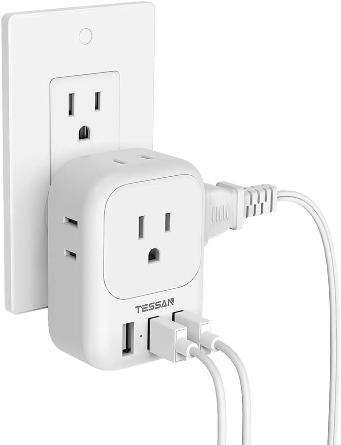 USB Charger Block, TESSAN Wall Plug Adapter with Electrical 4 Box Splitter 3 USB Wall Charger Ports, Multi Plug Outlet Extender Charging for Cruise, Travel, Office, Dorm Essentials, White