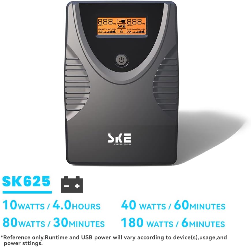 Ups Battery Backup and Surge Protector,Computer Uninterruptible Power Supply Units,Battery Backup Intelligent LCD,SKE Back UPS, Battery Backup for Computer 625VA/360W